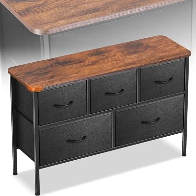 Curved Profile Dresser for Bedroom, Chest of Drawers, 5 Storage Drawers Organizer Unit, Black Dresser with Fabric Bins for Closet, Living Room, Kid Room Black and Rustic Brown