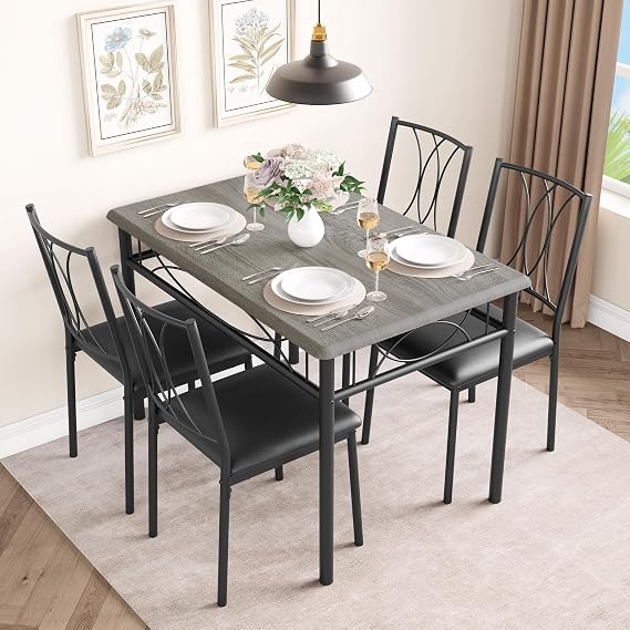 5-Piece Wood Dining Table Set for 4, Rectangular Kitchen Table Set with 4 Upholstered Chairs, Space-Saving Metal & Wood Dining Table Set for Apartment, Studio, Kitchen, Small Space, Gary