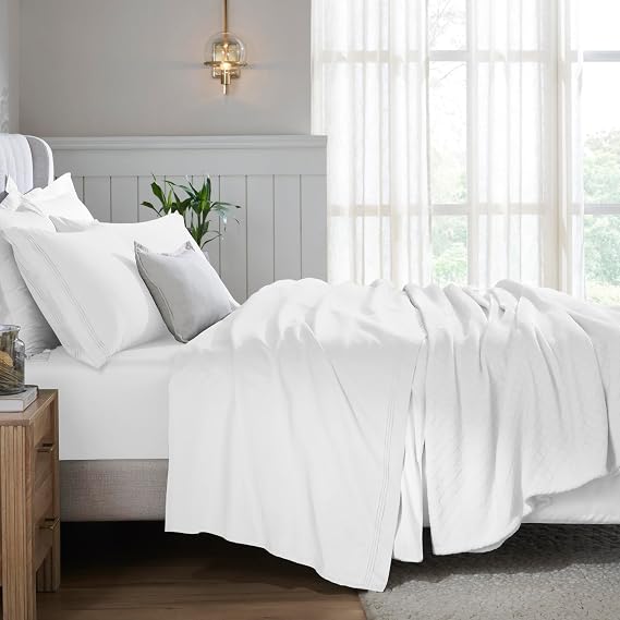 SUPERIOR Egyptian Cotton 5 Piece Sheet Set, 650 Thread Count, Modern Design, Sustainable Sheets, Ultra-Soft Basics, Solid, Deep Pocket Fitted Sheets, Flat Sheet, Pillowcases, Split King, White