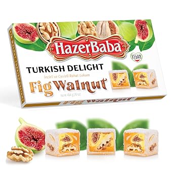 Hazer Baba Turkish Delight Candy with Fig & Walnut, 16oz (Pack of 1), Gourmet Snack Box, Traditional, Vegan Snack, Turkish Lokum, Unique Sweets, Loukumi, Delicias Turcas, Halal, Kosher