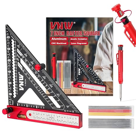 6 in 1 Rafter Square with Carpenter Pencil, 7in Rafter Square Multi-Purpose Carpenter Tools:Square,Protractor, 1/16" Precision Steel Ruler,Marking Gauge,T-Bevel Gauge,Bubble Level