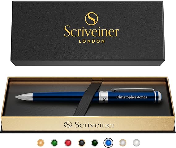 Scriveiner Personalized Midnight Blue Ballpoint Pen - Stunning Blue Lacquer Luxury Pen, Chrome Finish, Schmidt Ink Refill, Best Engraved Ball Point Gift Set for Men & Women, Custom Name Engraving