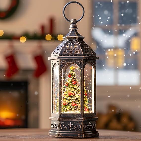 Lighted Christmas Tree Cardinal Music Snow Globe Water Lantern with Swirling Glitter Decoration for Christmas Home, Living Room, Battery Operated or USB Powered for Christmas Decoration