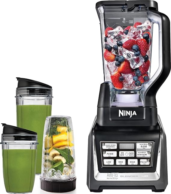 Ninja Nutri Personal & Countertop Blender, 1200W Auto-iQ, Black, BL642 | Auto-iQ base blends smoothies & shakes. 72-oz pitcher plus 18, 24 & 32-oz to-go cups w/ spout lids. Dishwasher safe.