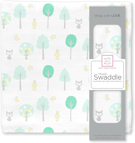 SwaddleDesigns Cotton Muslin Swaddle Blanket, Receiving Blanket for Boys & Girls, Best Shower Gift, 46x46 inches, Green Woodland