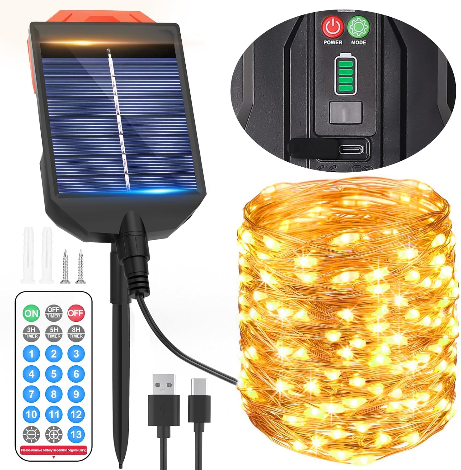 AUOPLUS LED Solar Fairy Lights Outdoor Waterproof, Remote Control Solar Powered String Lights with 13 Modes & Type C Charging, Warm White/Color Changing Garden for Patio, Yard, Wedding, Party Decor [Energy Class F]