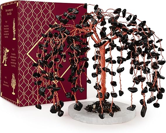 KARMAPLEDGE Chakra Tree of Life Birthday Gifts for Women, Home and Office Decor, Handmade Black Obsidian Crystal Tree for Money, Positivity, Reiki Healing, Spiritual Good Luck Gifts for Mom & Dad