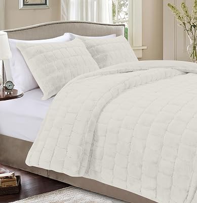 Elegant Comfort Luxurious Fluffy 3-Piece Faux Fur Comforter Set - All Season Warm Down Alternative - Ultra Soft, Plush Micro-Mink 3PC Bedding Set with Matching Shams, King, Ivory