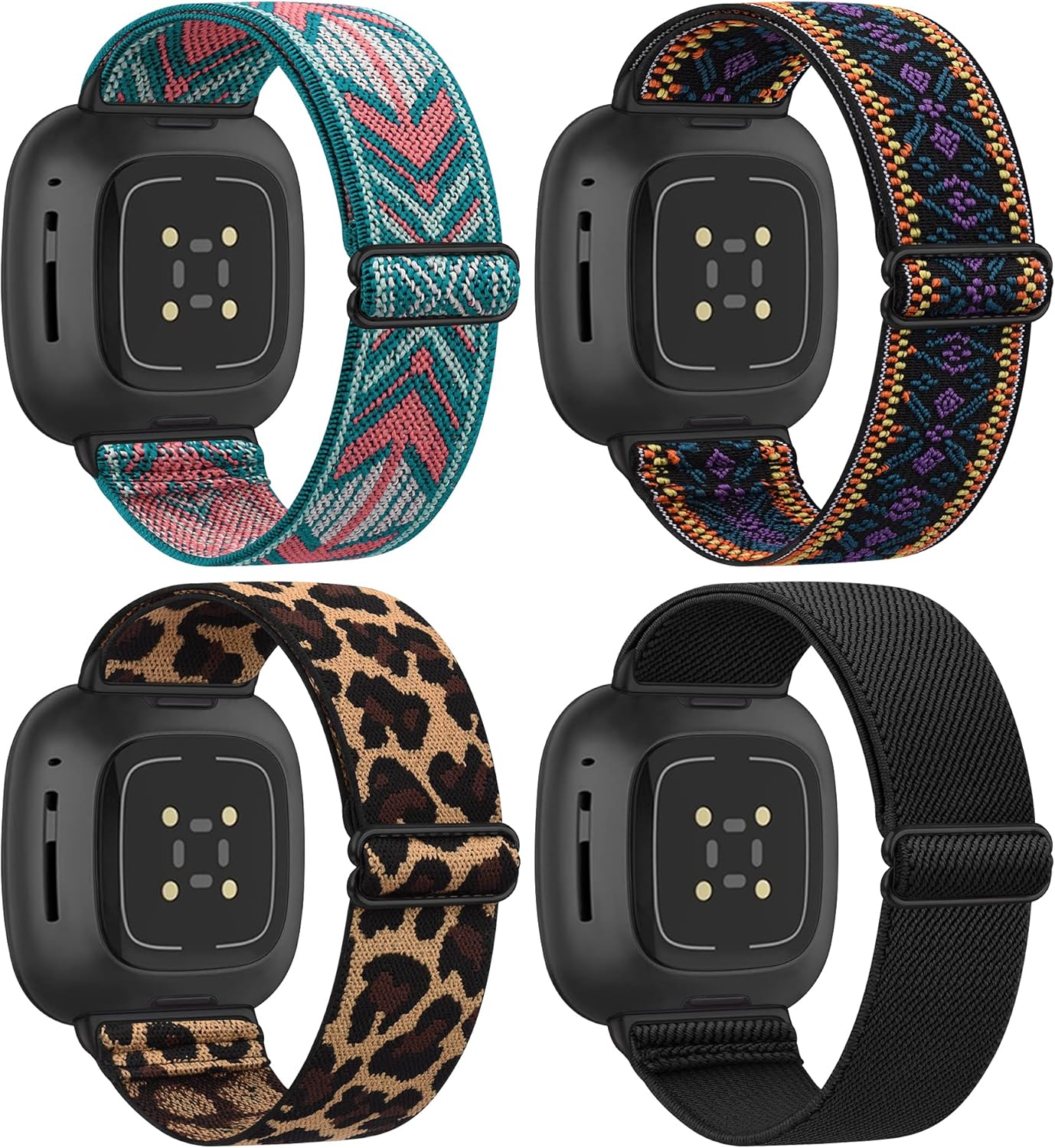 4 Pack Elastic Bands Compatible with Fitbit Versa 3 Bands  Fitbit Sense Bands, Adjustable Soft Stretchy Loop Breathable Straps for Fitbit Versa 3 Green Arrow, Boho Purple, Leopard, Black