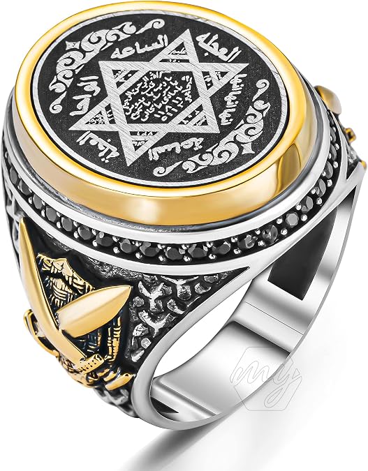 925 Sterling Silver Seal of Solomon and Sword Design Turkish Style Men's Ring