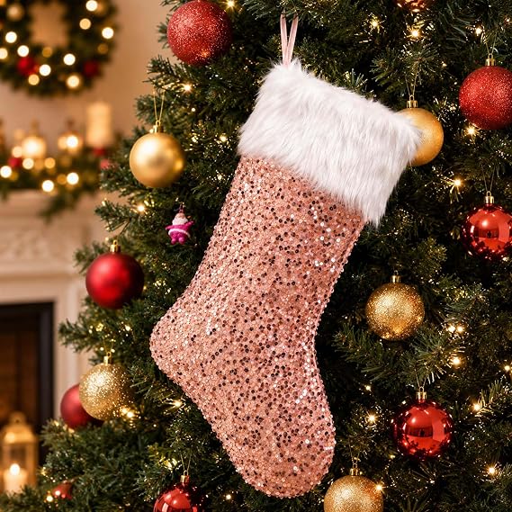 Drawelry Sequin Christmas Stocking, Pink Red White Silver Glowing Hanging Decor for Fireplace, Elk Santa Snowflake Pine Family Xmas Party Ornament