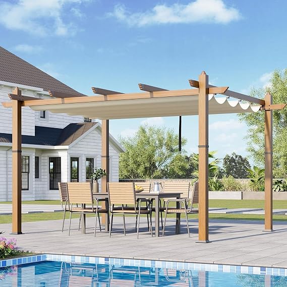 Outdoor Patio Aluminum Pergola with Sun Shade Canopy,Spacious Assembled Design,Upgraded Wood-Grain Post Retractable Pergola, UV-Protective Canopy for Backyard, Patio
