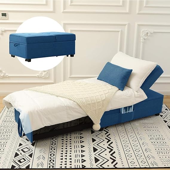Zenosyne Sleeper Chair Bed Ottoman - 4 in 1 Multi-Function Convertible Futon Chair, Adjustable Folding Guest Bed, Linen Fabric Lumbar Pillow