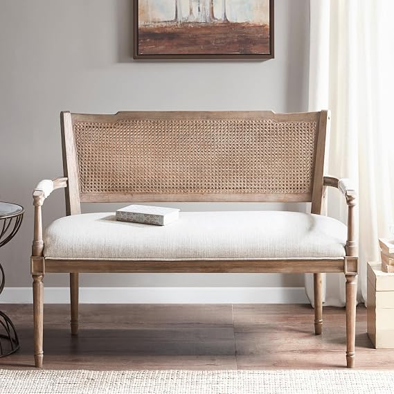 Madison Park Willshire Natural Rattan Settee, Upholstered Seat - Charming Country Design, Rustic Reclaimed Wood Finish, Ratan Insert Backrest & Padded Arm Rest, 47.25" Wide Beige/Reclaimed Natural