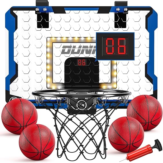 TEMI Indoor Basketball Hoop for Children LED Light Door Basketball Hoop Mini Basketball Board with Electronic Scoreboard 4 Balls Outdoor Gift for 5 6 7 8 9 10 11 12 Years Old Boys Children