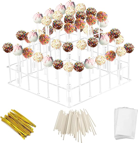 Cake Pop Stand, 3 Tier Square Lollipop Holder with 300 Pcs Accessories, Clear Acrylic Cakepop Display Stand 56 Holes for Birthday, Wedding, Party, Halloween, Christmas Candy Decorative