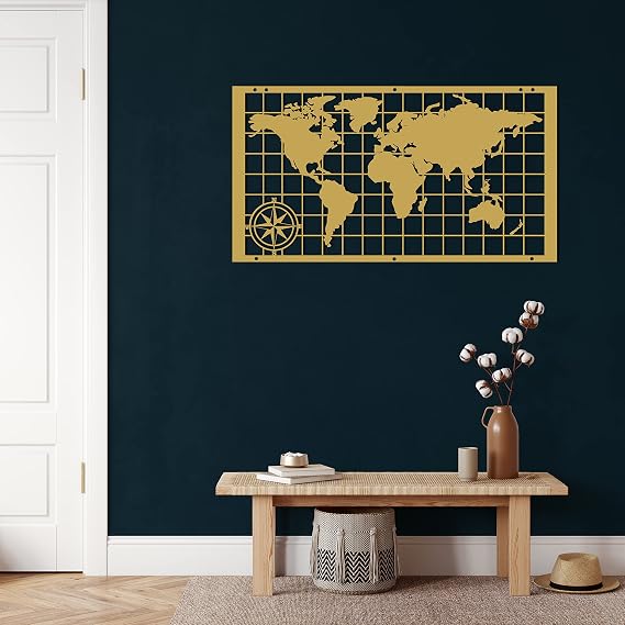 DEKADRON Metal Wall Decor, World Map Continents, Home Living Room Decor, Wall Sign, Metal Wall Art, Interior Decoration, Indoor Outdoor Hangings, Gold (98x56cm)