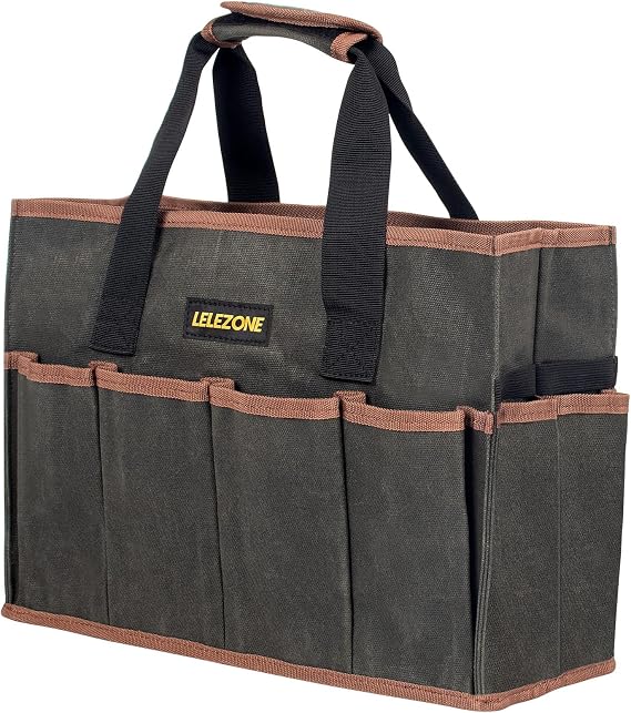 Tool Bag 16 oz. Waxed Canvas Tool Bag Large Capacity Tool Storage Tote  with a Main Compartment and 12 Exterior Pockets for Wrenches, Scissors, Hammers or a set of Garden Tools and More ArmyGreen