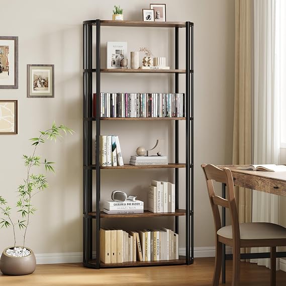 71" Industrial Wooden Bookshelf, Freestanding 6-Tier Wood Bookshelf with Sturdy Metal Frame, Metal Frame Large Storage Shelf, Slim Farmhouse Shelves for Living Room, Home Office, Vintage and Black