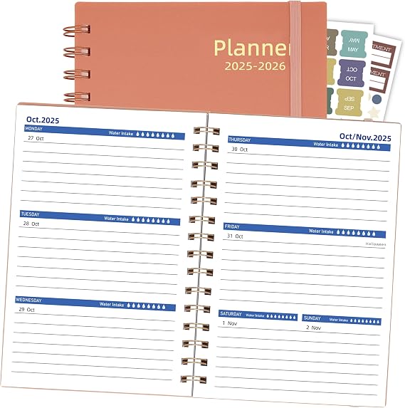Day Planner 2025-2026, Weekly & Monthly Calendar, Jul.2025-Dec.2026, 18 Months Academic Planner 2025, Agenda with Tabs Sticker, A5 Size, 100GSM Paper, Pink