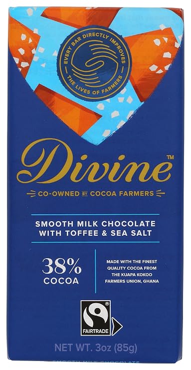 DIVINE CHOCOLATE Chocolate, 38% Milk Chocolate with Toffee & Sea Salt, 3 Oz