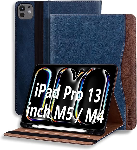 Case for iPad Pro 13 Inch M5/M4 (2025/2024) Premium PU Leather Folding Stand Protective Case with Pen Holder and Document Slots Blue