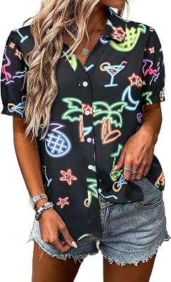 ZXZY Women Hawaiian Shirt Puff Short-Sleeve V Neck T-Shirt Pineapple Graphic Tee Tops Blouse Outfit