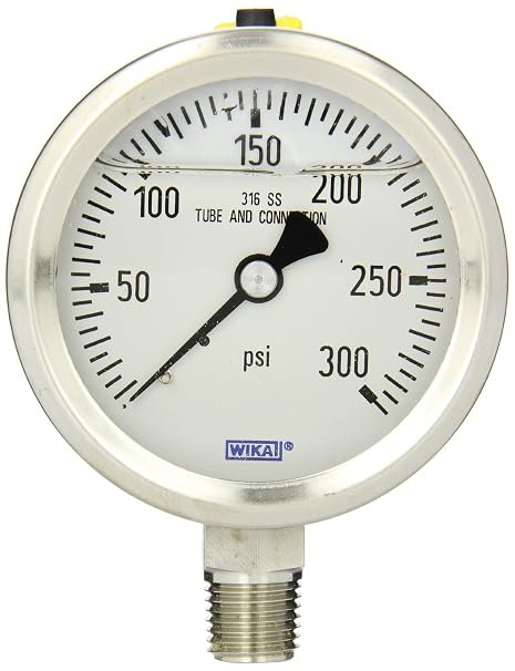 WIKA 9833549 Industrial Pressure Gauge, Refillable, Stainless Steel 316L Wetted Parts, 2-1/2" Dial, 0-300 psi Range, +/- 2/1/2% Accuracy, 1/4" Male NPT Connection, Bottom Mount