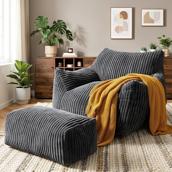 Giant Bean Bag Chair, Oversized Bean Bag Couch for Adults, Fluffy Corduroy BeanBag with Armrests & Ottoman for Living Room, Bedroom, Vacuum-Compressed for Gifting, 48h to Expand Dark Gray