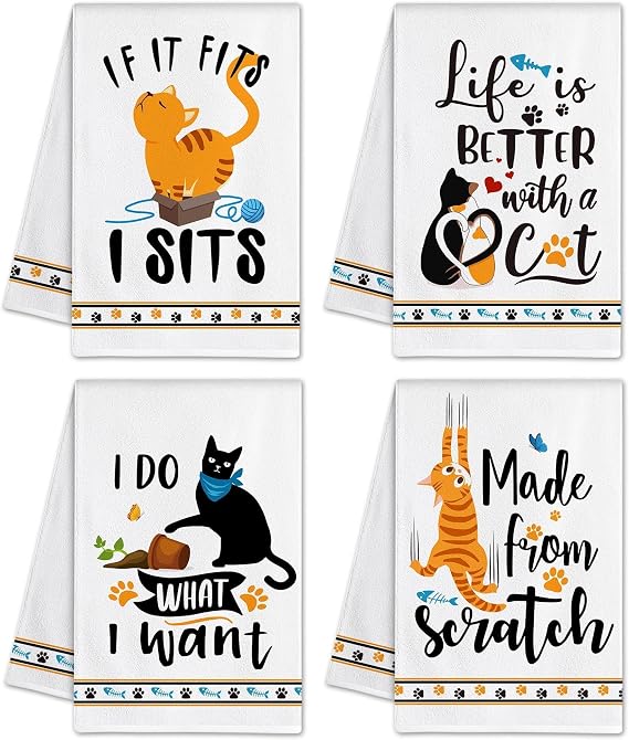 pinata Cat Lover Gifts for Women, Cat Kitchen Towels Set of 4, Cute Funny Housewarming Dish Hand Towels for Home Kitchen Decor