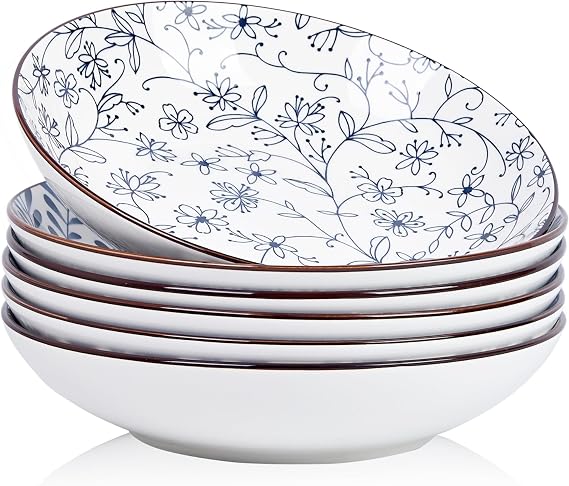 Swuut Ceramic 23 cm Pasta Salad Bowls 6 Pieces 1180 ml Large Salad Bowls Serving Bowl Microwave and Oven Safe Dinner Tableware (Blue and White)