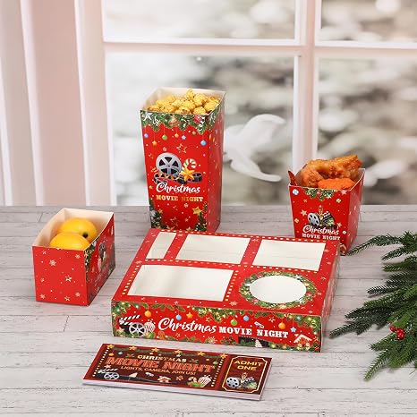 Harloon 100 Pcs Christmas Movie Night Supplies Includes Movie Night Paper Snack Trays Popcorn Boxes Salad Bowls Nacho Bowls Invitations for Xmas Holiday Birthday Party Favors