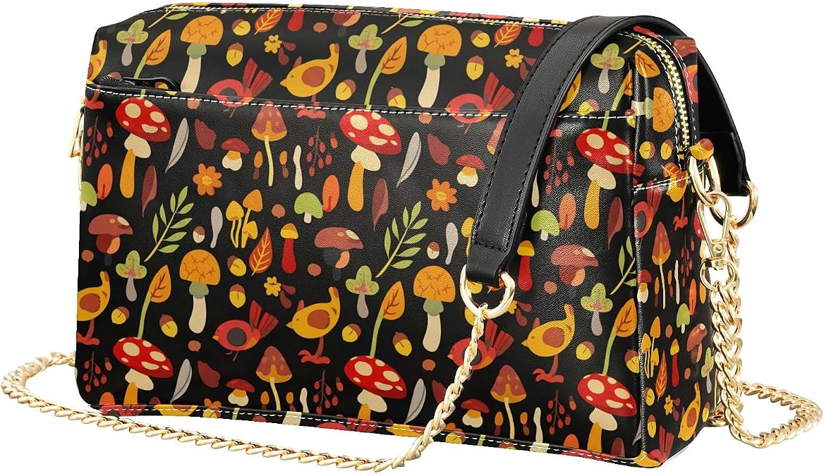 Bird Mushroom Fall Black Crossbody Purses for Women Leather Small Coss Body Phone Purses Women's Handbags Shoulder Bags for Women Travel Outings