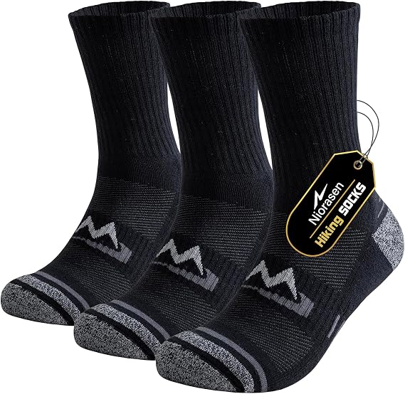 Niorasen Mens Sports Socks, Cushioned Anti Blister Hiking Walking Socks, Breathable Cotton Running Sock, Multi Performance Crew Outdoor Athletic Sock for Trekking Cycling Work 3 Pairs