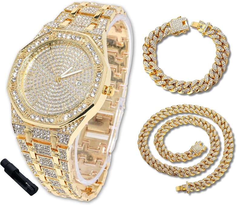 Halukakah Diamonds Watch Iced Out for Boy Teens Kids - 18K Real Gold/Platinum Plated,41mm Octagonal Dial,Japanese Quartz - 7.5" Length - Optional with Cuban Link Chain,with Adjuster Tool -for Birthday