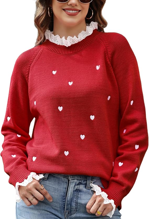Heart Lace Sweater for Women Cute Fall Pullover Trendy Valentine Sweaters Long Sleeve Casual Knit Jumper Top