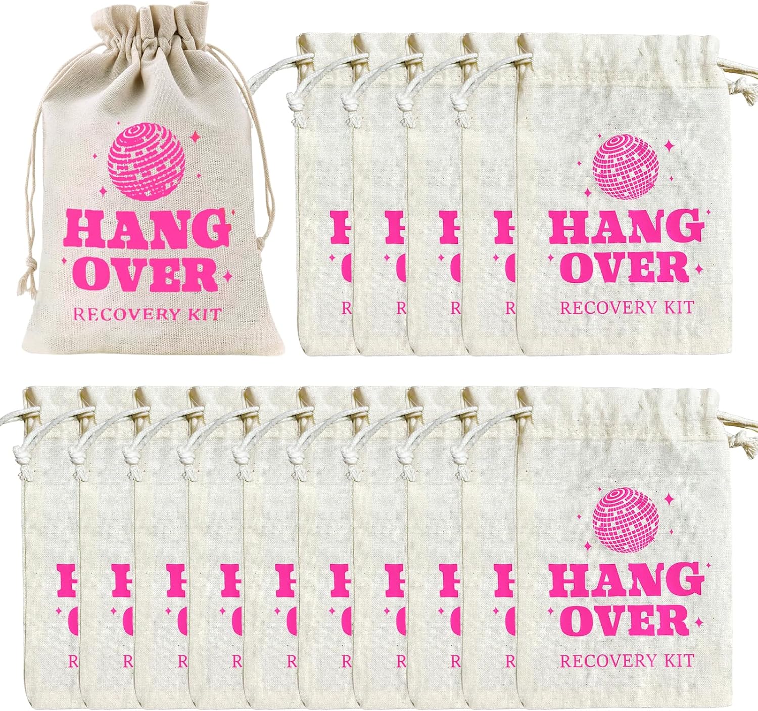 15 PCS Hangover Kit Bag,10x15cm Bachelorette Hangover Bag,Team Bride Bags,Cotton Drawstring Compact Essentials for Hen Party,Weddings,Travel