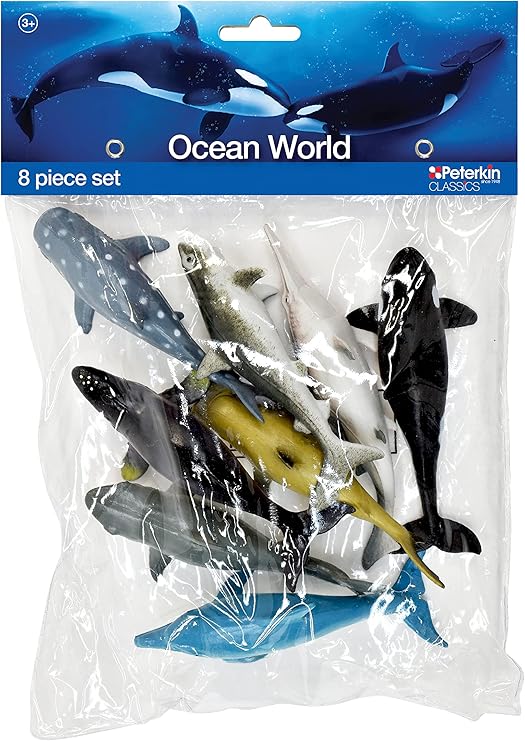 PETERKIN CLASSICS Ocean World 8-Piece Set | Dolphin, Whale, Tiger Shark, White Shark at 12-14cm Each | Roleplay Toys | Ages 3+