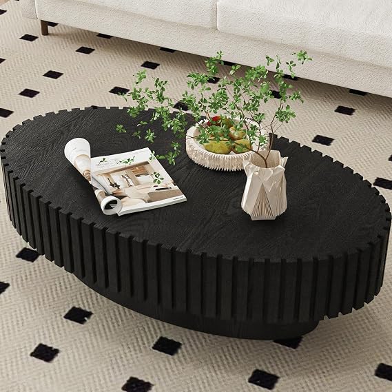 Oval Coffee Table, Modern Handcraft Fluted,Black