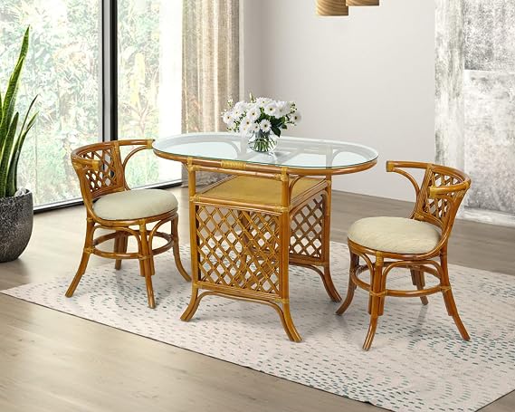 Borneo Compact Dining Set Colonial Color, Table with Glass Top + 2 Chairs with Cream Cushions, Handmade Natural Wicker Rattan Furniture