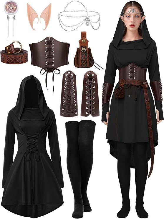 SOMSOC Women Renaissance Halloween Fairy Costumes Medieval Hooded Robe Lace Up Dress Accessories Set Cosplay