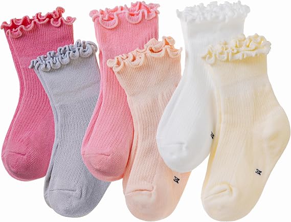 Velice Baby Girls Ruffle Socks Infant Toddler Girls Frilly Dress Cute Crew Socks 6 Pairs