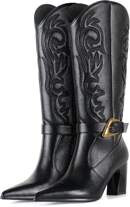 LACIKOSZ Western Cowboy Boots for Women - Knee High Calf Cowgirl Boots with Classic Embroidered with Gold Buckle, Slip On Pointed Toe Chunky Heel Fashion Retro Classic Faux Leather Pull On Tall Boot
