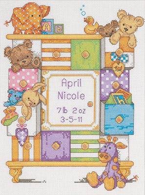 Dimensions Counted Cross Stitch Kit Baby Drawers Birth Record Personalized Baby Gift, 14 Count White Aida, 9 x 12