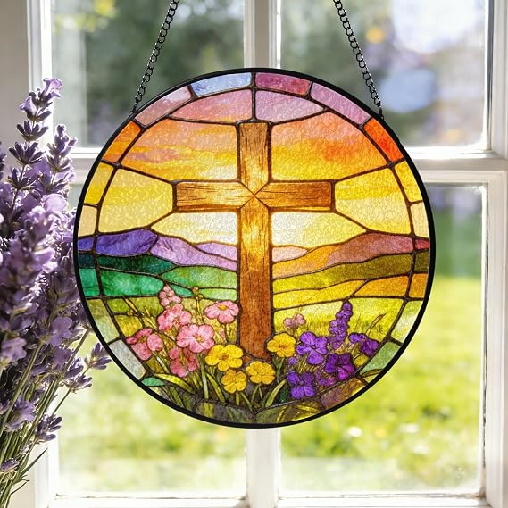 Cross Stained Glass Sun Catcher, Sunset Mountain & Wildflower Suncatcher Stained Glass Window Hanging, Suncatchers Ornament, Easter Faith Home Decor, Christian Cross Gifts for Religious 11.8in