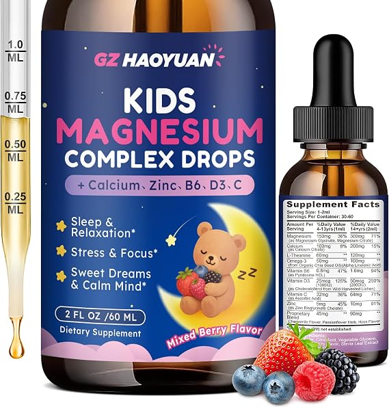 Kids Magnesium Liquid Drops - Magnesium Glycinate Drops for Kids, Citrate Liquid with Calcium, Omega-3, L-theanine, Zinc,Vitamin B6 D3 C for Sleep,Relaxation,Calm & Focus,Mixed Berry Flavor,2 Fl Oz