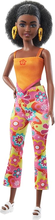 Barbie Fashionistas Doll #198, Petite with Curly Black Hair, Retro Floral Clothes & Accessories Including Sandals & Heart-Shaped Earrings