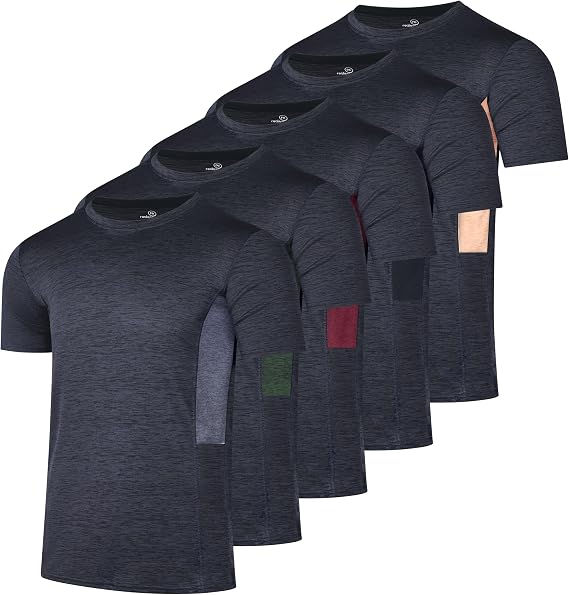 5 Pack Men's Dry Fit Workout T Shirts Crew Neck Athletic Gym Running Tees | Short Sleeve, Moisture Wicking, Cooling, Stretch, Undershirts, Work, Summer, Hiking, Tennis, Basketball, Sports, Exercise