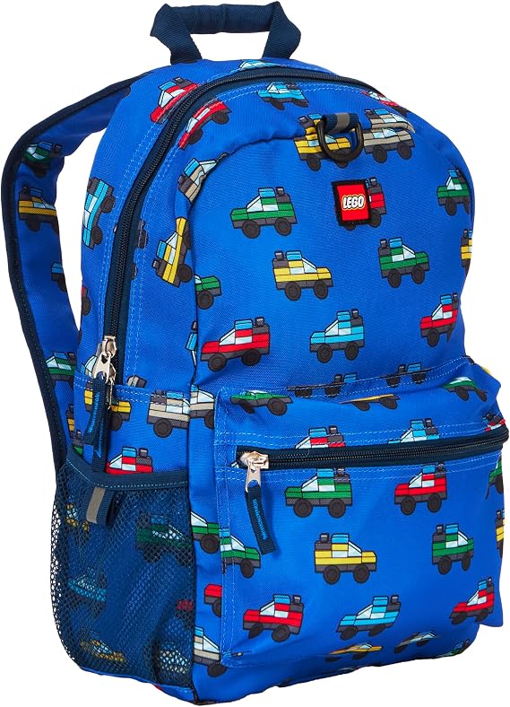 LEGO Iconic Prints Kids School Backpack Bookbag, for Travel, On-the-Go, Back to School, Boys and Girls, with Adjustable Padded Straps and Fun patterns, Cars in Blue