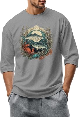 FQZWONG T Shirts for Men Casual Loose Graphic Crewneck Tee Trendy 34 Sleeve 2D Print Tops Comfort Blouses Fashion Tunic